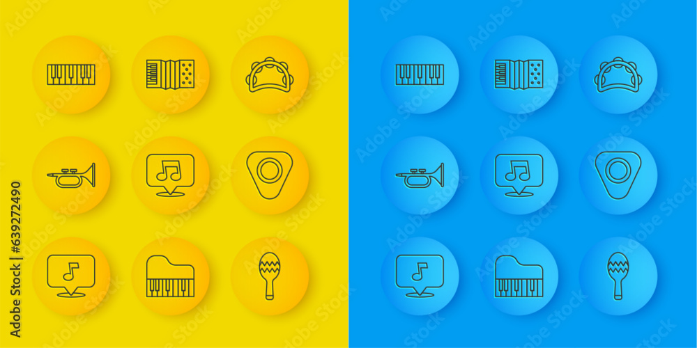 Set line Music note, tone, Trumpet, Maracas, Guitar pick, synthesizer, Tambourine and Accordion icon. Vector Set line Music note, tone, Trumpet, Maracas, Guitar pick, synthesizer, Tambourine and Accordion icon. Vector