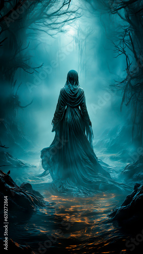 Halloween witch in dark spooky forest with fog. Halloween concept.