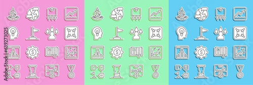 Set line Medal, Financial growth increase, Target, Weight loss, Flag, Human with lamp bulb, World expansion and Front end development icon. Vector