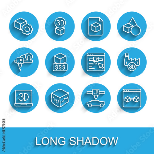 Set line 3D printer, Isometric cube, car, perfect copy, services, Printing house industry and setting icon. Vector