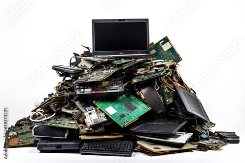 Piles of old computer hardware such as case and monitor, CD-ROMs, floppy disks, keyboard and mouse isolated on white background,