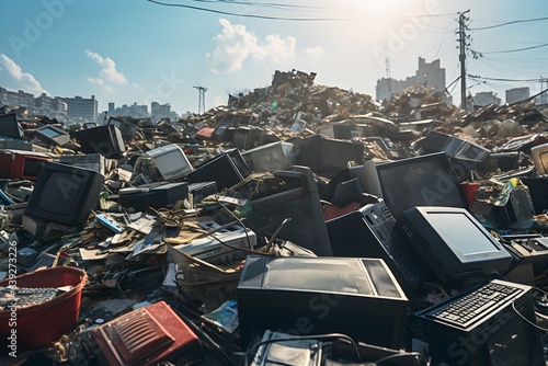 piles of old computer hardware such as case and monitor, CD-ROMs, floppy disks, keyboard and mouse, bright theme, cloud and sky