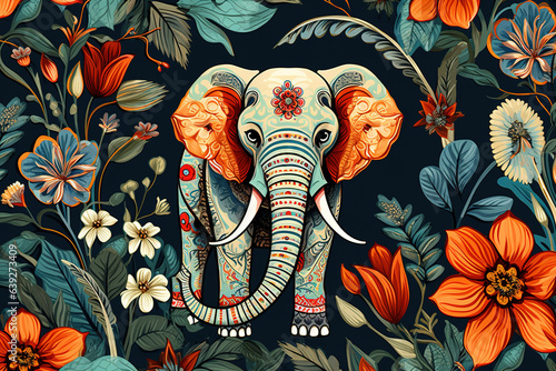 Image of pattern design using an elephant and flowers and leaves. Wildlife Animals. Illustration, Generative AI.