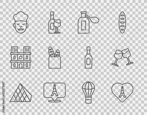 Set line Louvre glass pyramid, Eiffel tower with heart, Perfume, Cook, French baguette bread, Hot air balloon and Wine icon. Vector