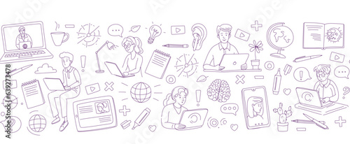 Learning online, e-learning video call chat with class. Distance education
