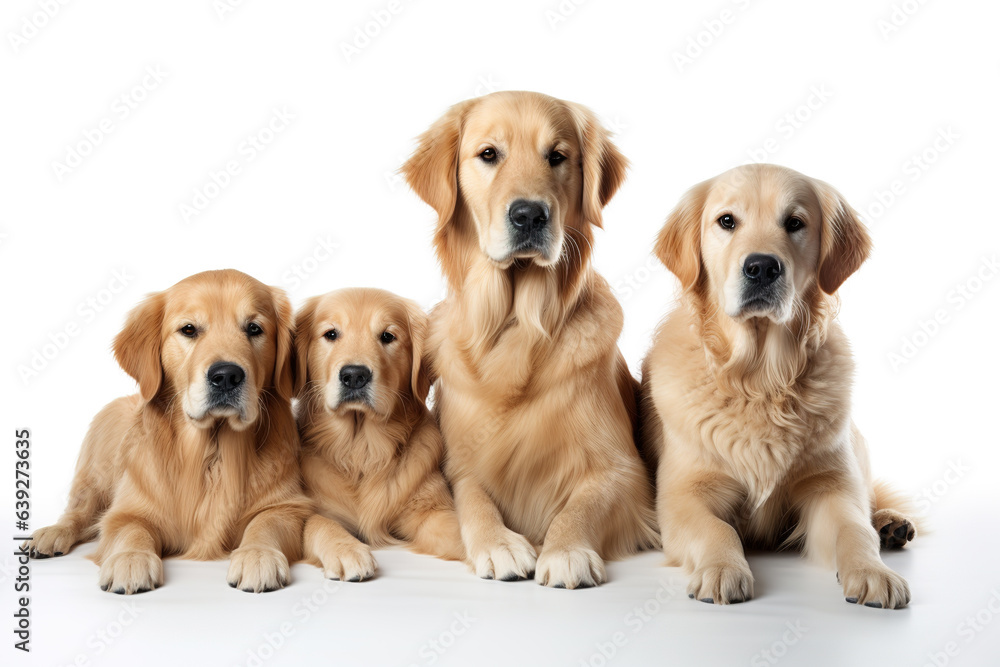 Image of family group of golden retriever dogs on white background. Pet. Animals. Illustration, Generative AI. Image of family group of golden retriever dogs on white background. Pet. Animals. Illustration, Generative AI.