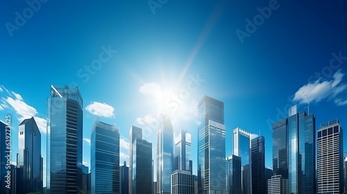 Dynamic cityscape with soaring skyscrapers against blue sky
