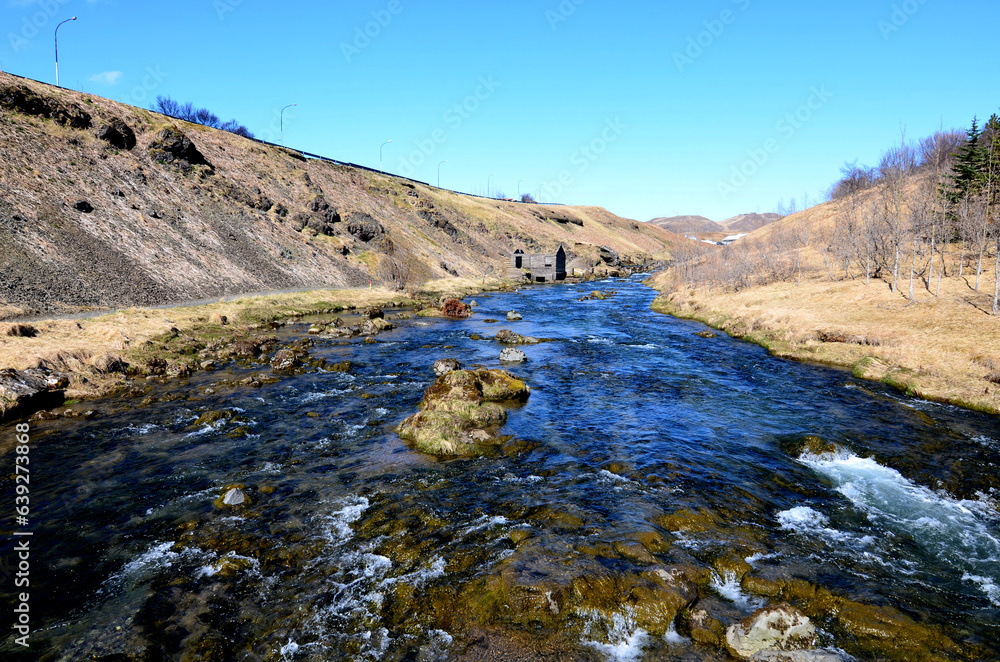 River Running Through Hveragerdi in Rural Iceland