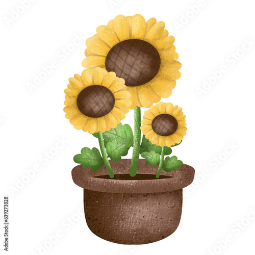 sunflower in a pot,Beautiful Sunflowers,floral,Flower,plant,flora,nature,watercolor,cartoon character,cute,icon ,vector, illustration,hand drawn