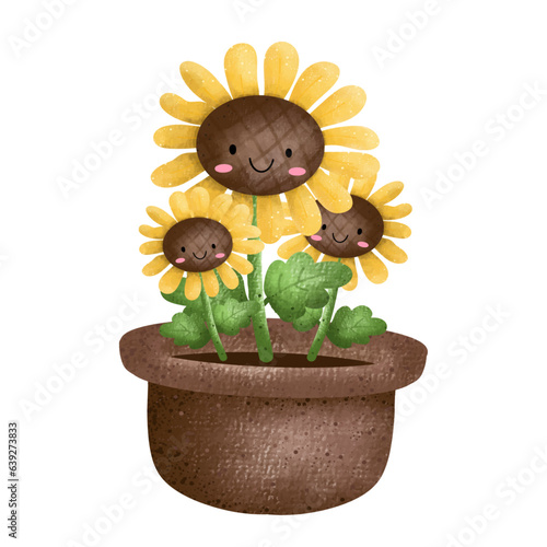 Sunflower in a pot,Beautiful Sunflowers,floral,Flower,plant,flora,nature,watercolor,cartoon character,cute,icon ,vector, illustration,hand drawn