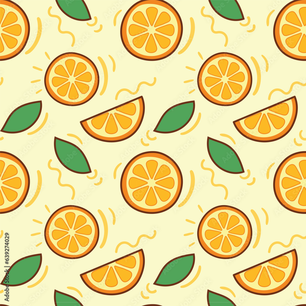 Orange Slice Seamless Pattern. Organic Healthy Summer Fruit Pattern. Fresh Citrus Fruit Background With Green Leaves