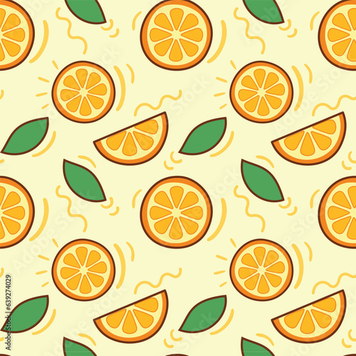 Orange Slice Seamless Pattern. Organic Healthy Summer Fruit Pattern. Fresh Citrus Fruit Background With Green Leaves