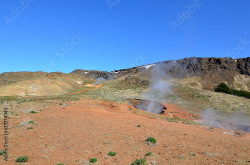Steam Rising from Fumaroles in Hveragerdi Landscape