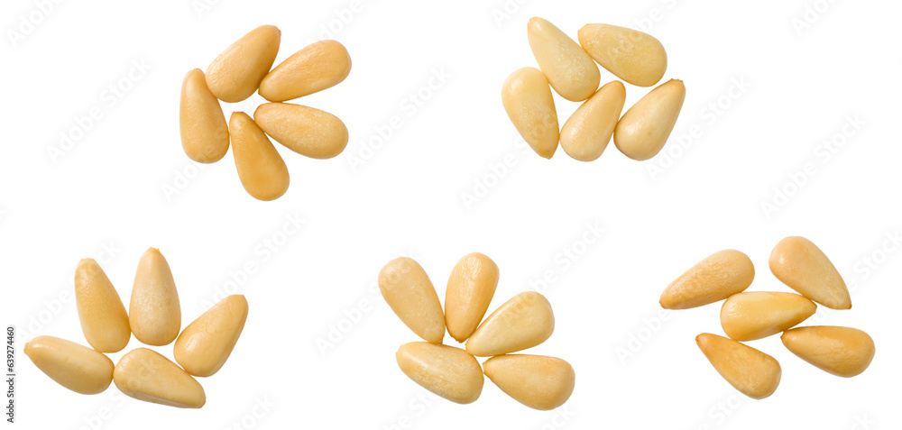 Roasted pine nuts isolated on the white background, top view. Roasted pine nuts isolated on the white background, top view.