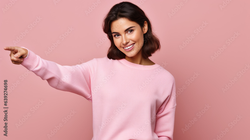 Young woman wearing casual clothes pointing with hand and finger to the side looking at the camera.