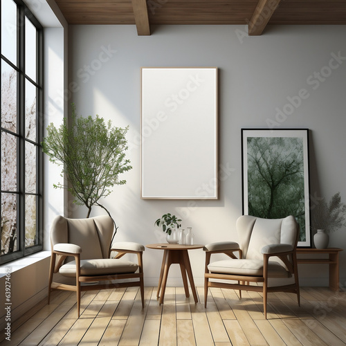 Rectangular vertical frame poster mockup, art studio, office or gallery hall interior, neutral white room background with windows. © Nimble Web Solutions