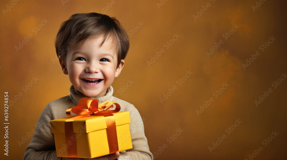 Happy smiling boy holding gift box on a colored background Happy smiling boy holding gift box on a colored background