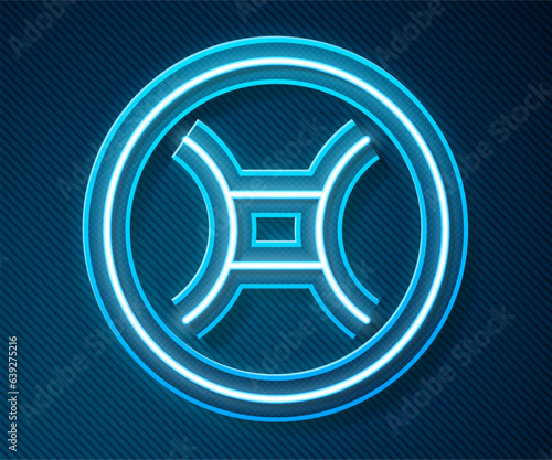 Glowing neon line Gemini zodiac sign icon isolated on blue background. Astrological horoscope collection. Vector