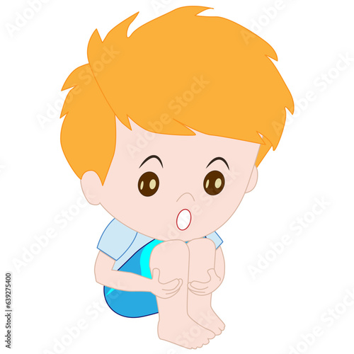 Scared boy in blue shirt isolated vector illustration on white background