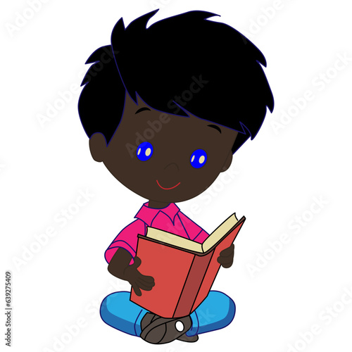 The boy was sitting on the floor and reading a book. Vector illustration.