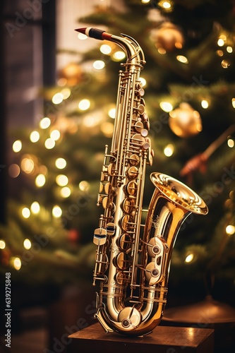 Saxophone and Christmas tree, New Year's concert program cover, Orchestra New Year's performance cover