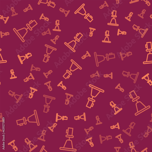 Brown line Tacheometer, theodolite icon isolated seamless pattern on red background. Geological survey, engineering equipment for measurement and research. Vector