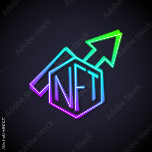 Glowing neon line NFT growth bar chart icon isolated on black background. Non fungible token. Digital crypto art concept. Vector