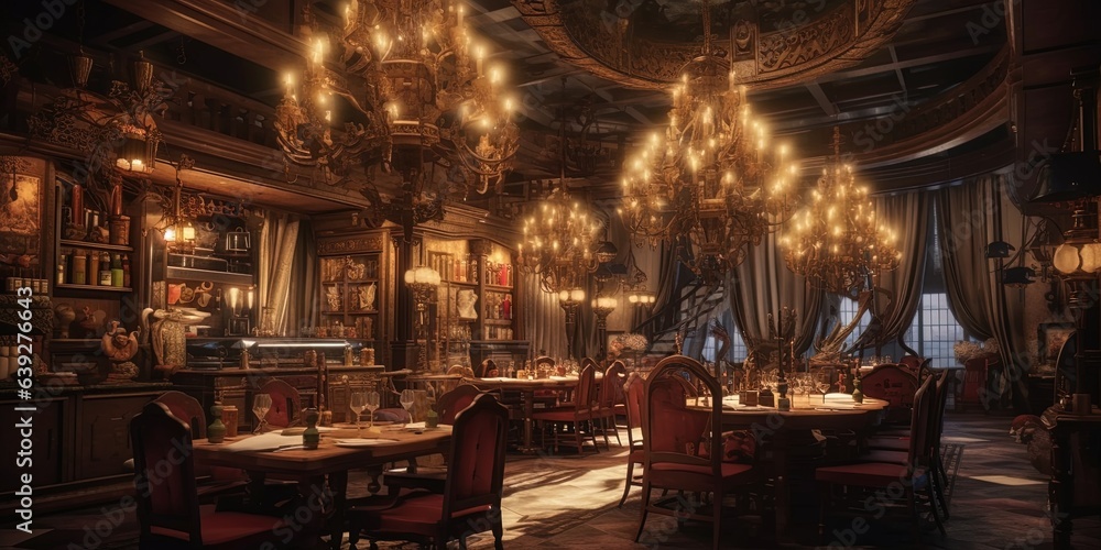 A restaurant with tables and chairs and a chandelier