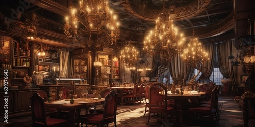 A restaurant with tables and chairs and a chandelier © Павел Озарчук