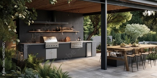 An outdoor entertainment area with a built - in barbecue and a bar setup