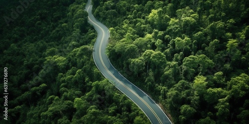 Aerial photo of empty meandering road in between forest