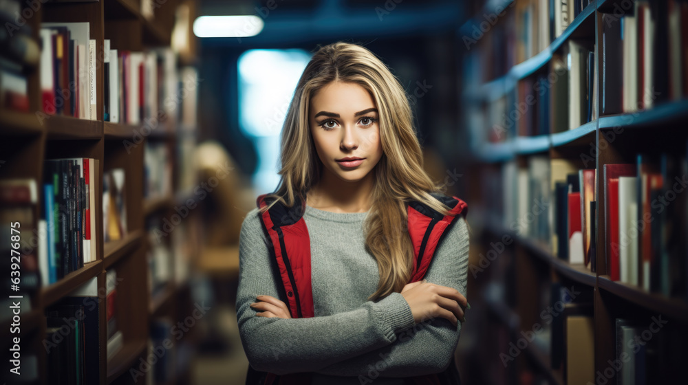 Female student standing in front of book shelves in college library Female student standing in front of book shelves in college library