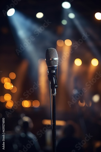 Close-up (vertical view) of an isolated microphone stand against the background of a small concert venue, show program cover, new year concert program cover