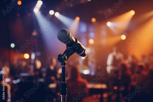 Closeup shot of isolated microphone stand against the background of a small concert venue, show program cover, new year concert program cover