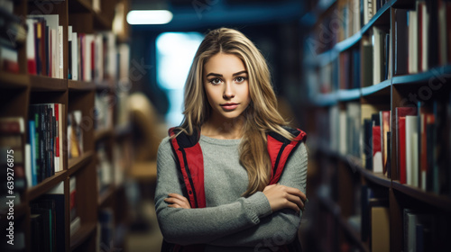 Female student standing in front of book shelves in college library