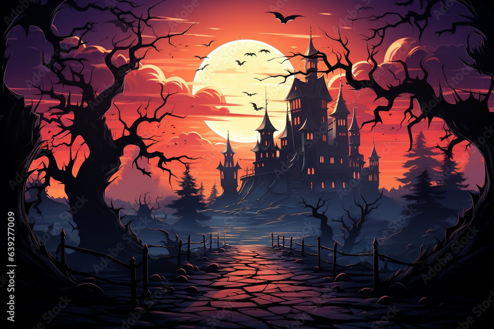 Halloween night vampire castle and full moon on blood red sky, happy halloween illustration.
