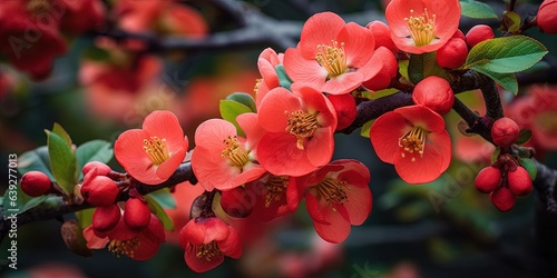 Flowering quince in red flowers  Chaenomeles japonica blooming in spring