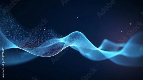 Neon glow transparent blue dynamic wave with light particle on dark background, digital and innovation conept futuristic technology abstract background.