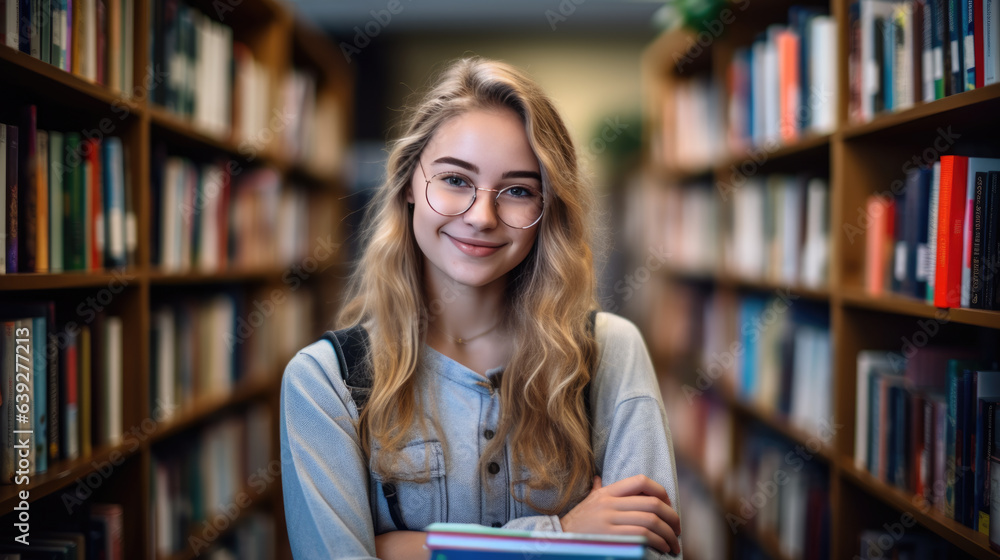 Female student standing in front of book shelves in college library Female student standing in front of book shelves in college library