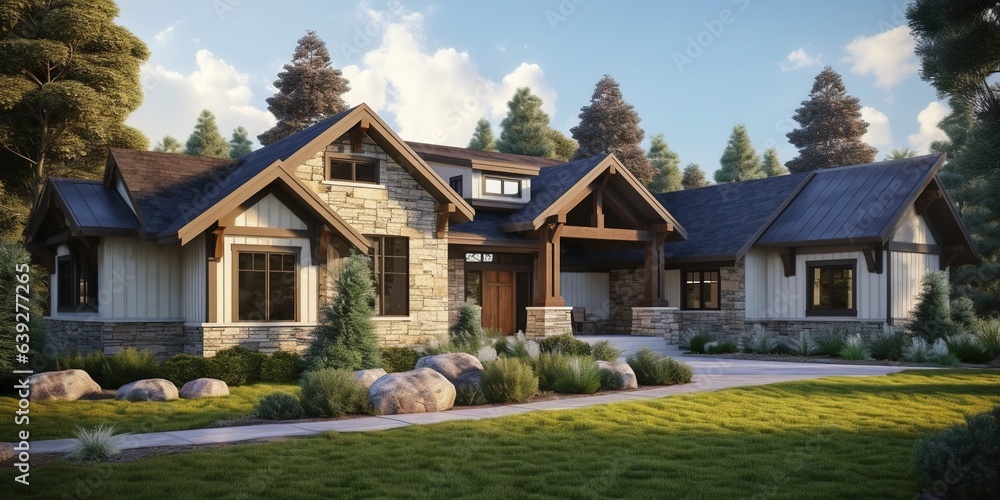 Home architecture design in Ranch Style with Front porch constructed by Stucco and stone material.