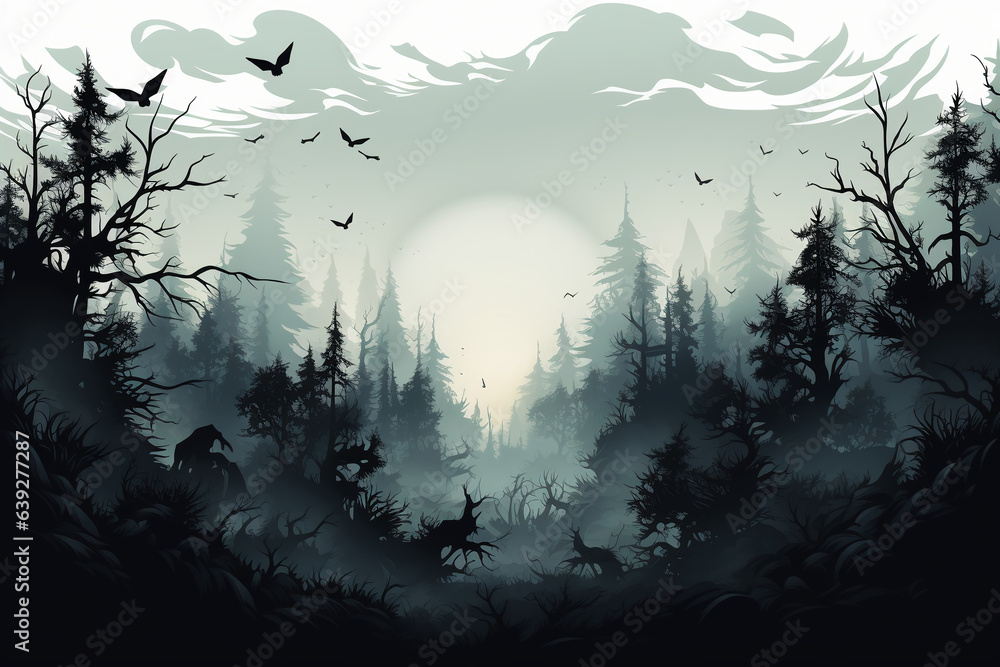 Gloomy silhouette of forest thickets, transparent background. AI generative