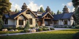 Home architecture design in Ranch Style with Front porch constructed by Stucco and stone material.