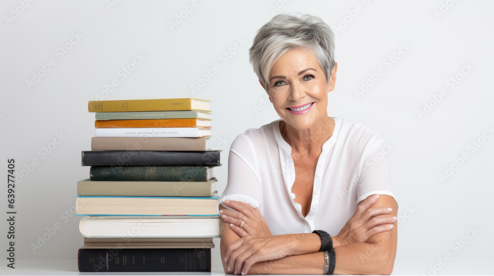 Middle-aged woman sits on a gray background next to stacks of books Middle-aged woman sits on a gray background next to stacks of books