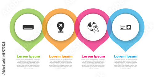 Set Air conditioner, Plane, Globe with flying plane and Airline ticket. Business infographic template. Vector