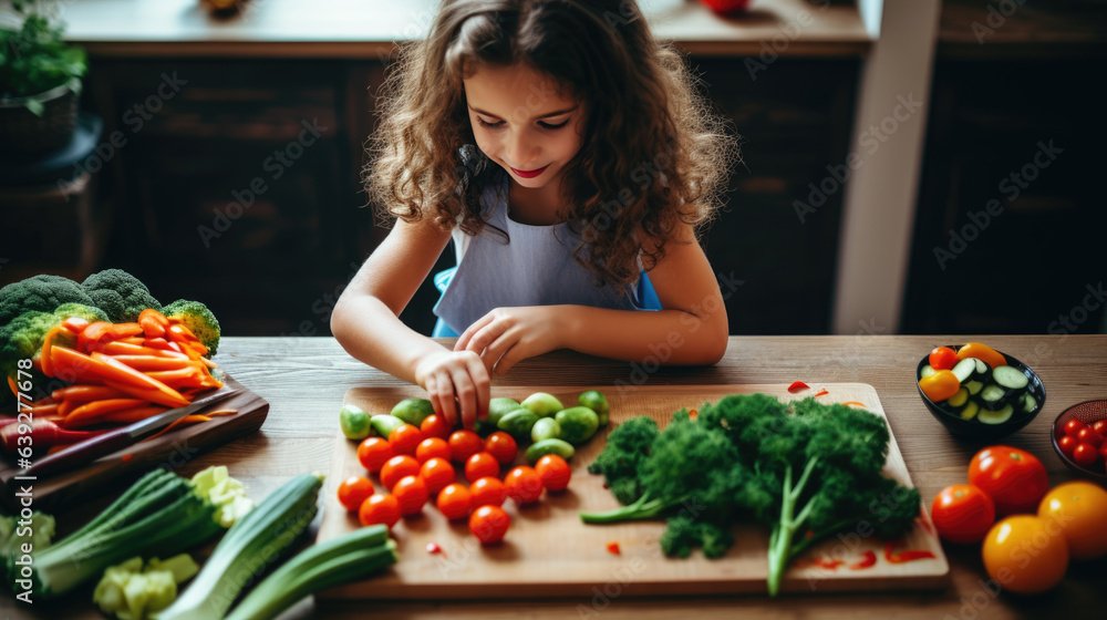 Girl is making a meal out of fresh vegetables lying on wooden chopping board