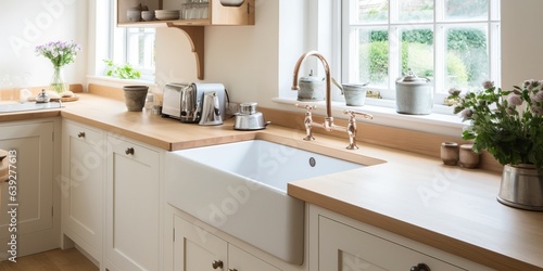Modern bright shaker style kitchen with Belfast sink