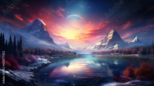 Fantasy landscape with mountain lake and snow-capped peaks