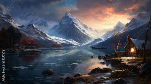Fantasy landscape with lake, mountains and sky