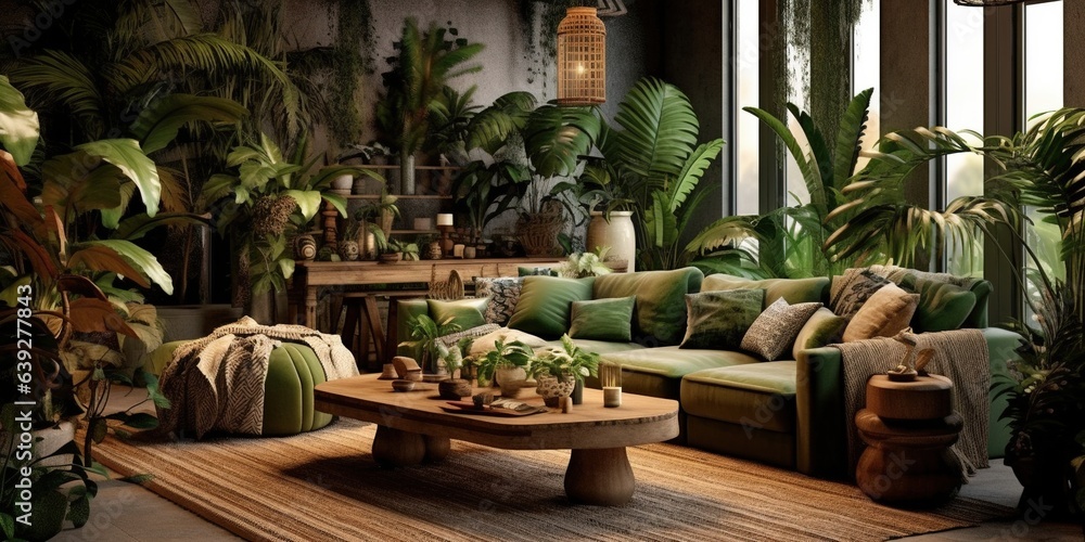 Photo of a cozy and green living room with natural elements