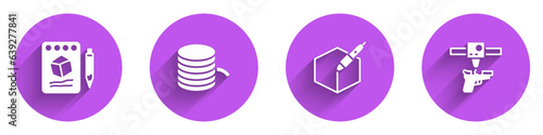 Set Sketch on paper, Filament for 3D printer, 3d pen tool and gun icon with long shadow. Vector